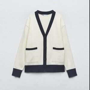 NWT Zara Cardigan in Ivory Cream White Small Navy